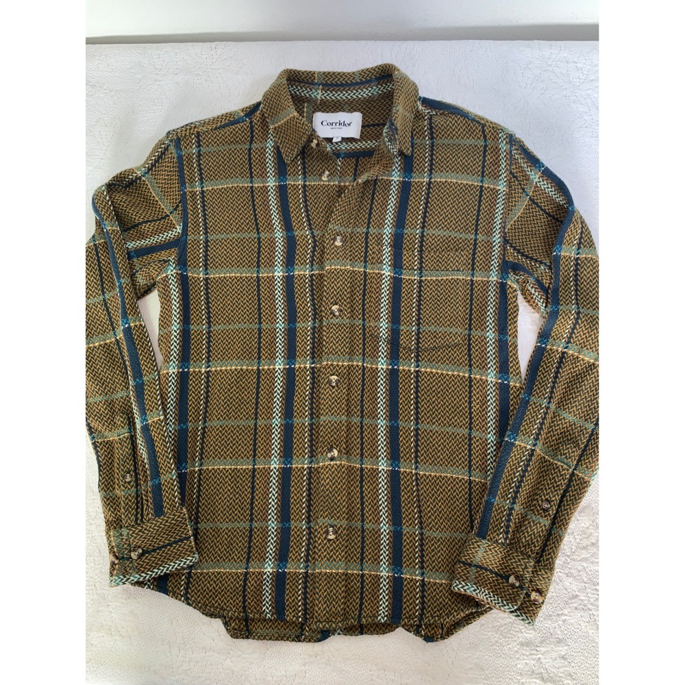 Corridor New York Mens Small Cotton Herringbone Plaid Button Down Shirt Mustard